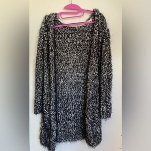 Poof New York Black and White Fluffy Cardigan with a Hoodie